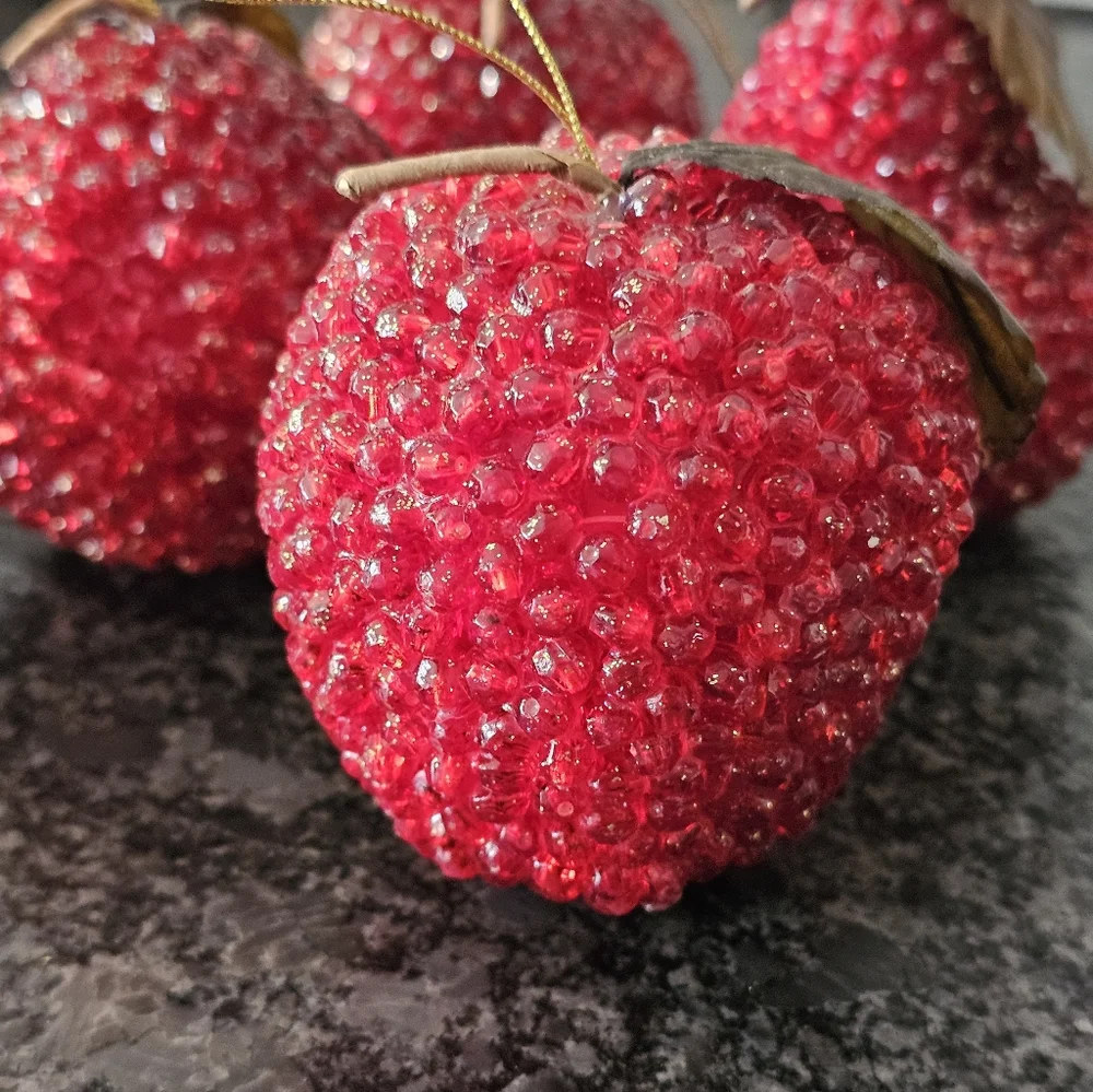 MCM Beaded Red Apple Pear Christmas Ornaments Fruit Glitter Shimmer Vtg 6 Pieces